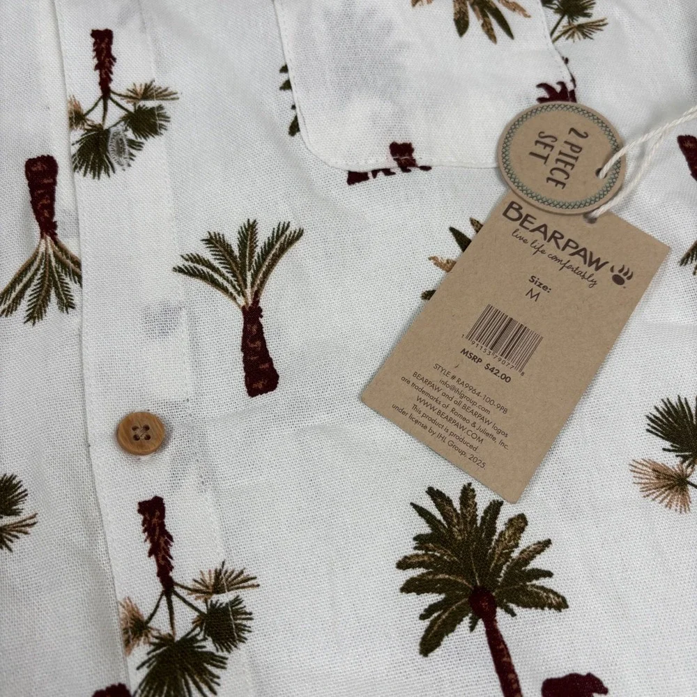 Bearpaw Boys Size M White Palm Tree Linen Blend Shirt and Shorts Set NEW